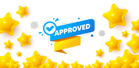 Approved banner winner banner with 3d stars. Golden stars banner. Approved paper banner. Permission quality tag. Check guarantee or warranty icon. Review rate background. Vectorのイラスト素材