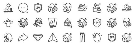 Aroma candle, Uv protection and Niacin line icons pack. Share, Message, Paper plane icons. Vitamin e, Moisturizing cream, Sun protection web icon. Vitamin a, T-shirt, Healthy face pictogram. Vectorのイラスト素材