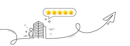 Agent line icon. Continuous line with share plane. Real estate realtor sign. Building architect symbol. Five star rate review in speech bubble. Agent single line ribbon. Loop curve pattern. Vectorのイラスト素材