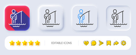 Fisherman line icon. Neumorphic, Flat shadow, 3d buttons. Fishing place sign. Fisher with rod symbol. Line fisherman icon. Social media icons. Vectorのイラスト素材