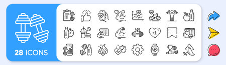 Fitness time line icons. Interest rate, AI generate, Inflation icons. Bike Workout, Strong Muscle Arm, Gym fit dumbbell. Training analysis, Workout plan and Cardio exercise line icons. Vectorのイラスト素材