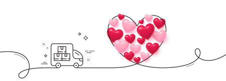 Delivery truck line icon. Continuous line big heart. Warehouse boxes sign. Wholesale goods symbol. 3d hearts in heart shaped loop. Delivery truck single line ribbon. Loop curve pattern. Vectorのイラスト素材