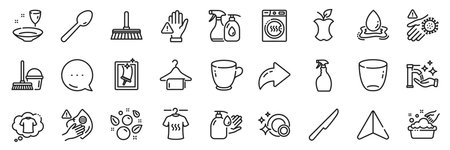 Dry t-shirt, Clean bubbles and Dont touch line icons pack. Share, Message, Paper plane icons. Tea cup, Water splash, Dryer machine web icon. T-shirt, Window cleaning, Wash hands pictogram. Vectorのイラスト素材