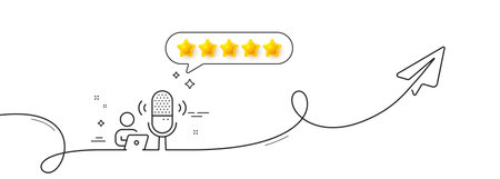 Podcast line icon. Continuous line with share plane. Studio mic sign. Voice record microphone symbol. Five star rate review in speech bubble. Podcast single line ribbon. Loop curve pattern. Vectorのイラスト素材