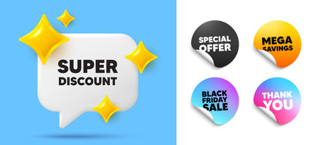 Super discount speech bubble, sticker tags. Offer, Black friday stickers. Super discount tag. Sale sign. Advertising Discounts symbol. Thank you tag. 3d sparkle chat bubble. Vectorのイラスト素材