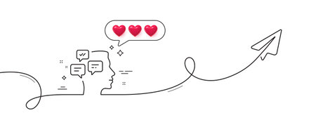 Chat Messages line icon. Continuous line with share plane. Conversation sign. Communication speech bubbles symbol. Hearts rate review in speech bubble. Messages single line ribbon. Vectorのイラスト素材