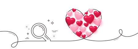 Research line icon. Continuous line big heart. Magnifying glass symbol. Magnifier sign. 3d hearts in heart shaped loop. Research single line ribbon. Loop curve pattern. Vectorのイラスト素材