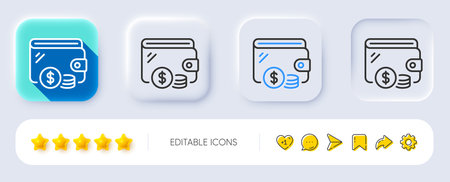 Wallet line icon. Neumorphic, Flat shadow, 3d buttons. Dollar currency coins sign. Money trade symbol. Line wallet icon. Social media icons. Vectorのイラスト素材