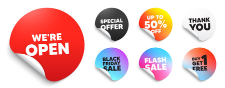 Open red sticker tag. Special offer paper price tags. We are open tag. Promotion new business sign. Welcome advertising symbol. Discount, black friday sticker. Promo banner. Vectorのイラスト素材