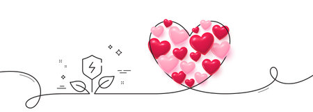 Eco power line icon. Continuous line big heart. Electric energy sign. Charging shield symbol. 3d hearts in heart shaped loop. Eco power single line ribbon. Loop curve pattern. Vectorのイラスト素材