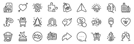 Sale tag, Ice cream and Puzzle line icons pack. Share, Message, Paper plane icons. Discount button, Fireworks, Rainbow web icon. Gps, Sale megaphone, Discount pictogram. Vectorのイラスト素材