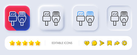 Computer cables line icon. Neumorphic, Flat shadow, 3d buttons. Usb, rj45 connection wires. Line computer cables icon. Social media icons. Vectorのイラスト素材