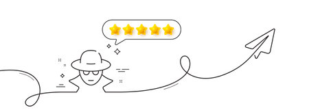 Fraud line icon. Continuous line with share plane. Spy of thief sign. Cyber hack symbol. Five star rate review in speech bubble. Fraud single line ribbon. Loop curve pattern. Vectorのイラスト素材