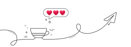 Bombon coffee icon. Continuous line with share plane. Hot drink sign. Beverage symbol. Hearts rate review in speech bubble. Bombon coffee single line ribbon. Loop curve pattern. Vectorのイラスト素材