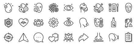 Fever, Blood and Coronavirus line icons pack. Share, Message, Paper plane icons. Face id, Alcohol free, Selenium mineral web icon. Checklist, Face accepted, Heartbeat pictogram. Vectorのイラスト素材