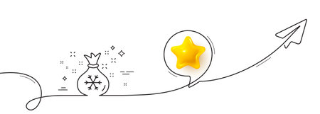 Santa sack line icon. Continuous line with share plane. Christmas or New year sign. Bag with gifts and presents symbol. 3d star in speech bubble. Santa sack single line ribbon. Vectorのイラスト素材
