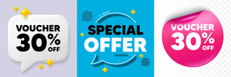 Coupon speech bubble. 3d sparkles chat, Paper sticker. Voucher 30 percent off sale. Special offer...