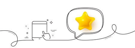 Tablet PC icon. Continuous line with 3d star. Mobile Device with Hand cursor sign. Touchscreen gadget symbols. 3d star in speech bubble. Tablet PC single line ribbon. Loop curve pattern. Vectorのイラスト素材