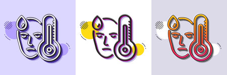 Sick man with fever line icon. Halftone dotted pattern. Gradient icon with grain shadow. Temperature...