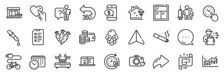 Checklist, Financial diagram and Web lectures line icons pack. Share, Message, Paper plane icons. Food delivery, Electric bike, Smoking web icon. Vectorのイラスト素材