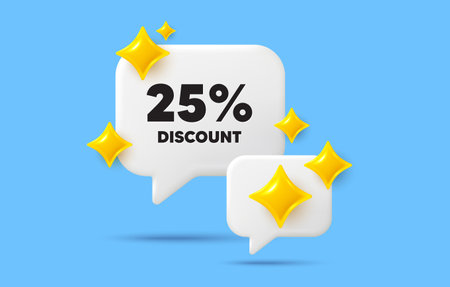 Discount chat speech bubble. Social media concept. 25 percent discount. Sale offer price sign. Special offer symbol. 3d sparkles chat bubble. Vectorのイラスト素材