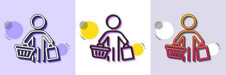 Buyer with shopping cart line icon. Halftone dotted pattern. Gradient icon with grain shadow. Customer with bags sign. Supermarket client symbol. Line buyer icon. Various designs. Vectorのイラスト素材
