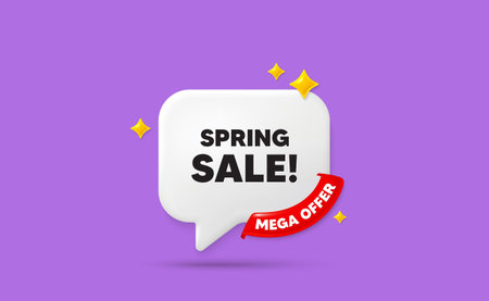 Spring sale chat speech bubble. Mega offer flag ribbon. Spring Sale tag. Special offer price sign. Advertising Discounts symbol. 3d sparkle stars speech bubble. Vectorのイラスト素材
