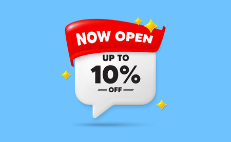 Discount tag chat speech bubble. Now open flag ribbon. Up to 10 percent off sale. Discount offer price sign. Special offer symbol. Save 10 percentages. 3d sparkle stars speech bubble. Vectorのイラスト素材