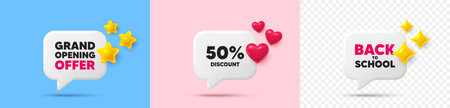 Discount chat speech bubble. 3d stars, sparkles, hearts chat bubbles. 50 percent discount tag. Sale offer price sign. Special offer symbol. Final sale, Back to school tag. Vectorのイラスト素材