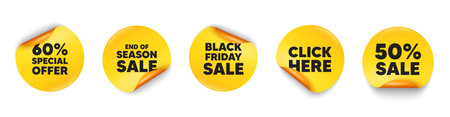 Discount sticker tag. 50 percent discount, Black friday paper price banners. 60 percent discount offer tag. Sale price promo sign. Special offer symbol. Click here sticker. Vectorのイラスト素材