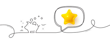 Piggy bank line icon. Continuous line with 3d star. Coins money sign. Business savings symbol. 3d star in speech bubble. Piggy bank single line ribbon. Loop curve pattern. Vectorのイラスト素材