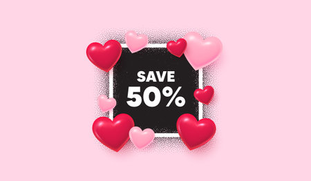 Discount photo frame banner. Square picture love frame. Save 50 percent off tag. Sale Discount offer price sign. Special offer symbol. 3d hearts balloons. Vectorのイラスト素材