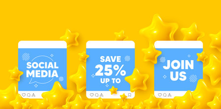 Discount social media post. Join us template mockup. Save up to 25 percent tag. Discount Sale offer price sign. Special offer symbol. Like, comment and share icons. Vectorのイラスト素材