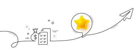 Accounting wealth line icon. Continuous line with share plane. Audit report sign. Check finance symbol. 3d star in speech bubble. Accounting wealth single line ribbon. Loop curve pattern. Vectorのイラスト素材