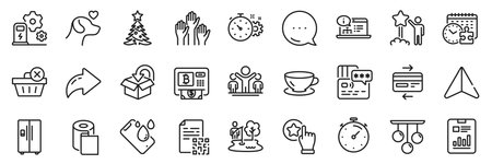 Paper wallpaper, Refrigerator and Espresso line icons pack. Share, Message, Paper plane icons. Charging station, Ceiling lamp, Card web icon. Credit card, Qr code, Return package pictogram. Vectorのイラスト素材