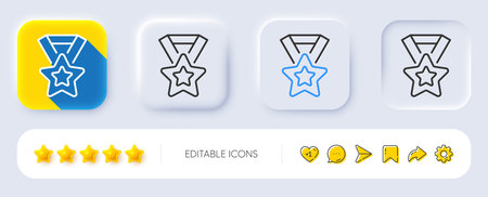 Winner ribbon line icon. Neumorphic, Flat shadow, 3d buttons. Award star medal sign. Best...