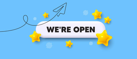Open search bar. Share plane line icon. We are open. Promotion new business sign. Welcome advertising symbol. Search button with 3d stars. Vectorのイラスト素材