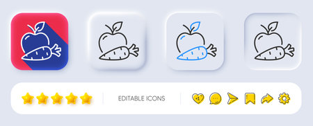 Apple with carrot line icon. Neumorphic, Flat shadow, 3d buttons. Vegetable and fruit sign. Vegeterian food symbol. Line apple carrot icon. Social media icons. Vectorのイラスト素材