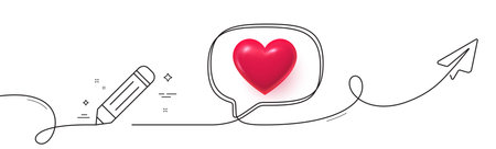 Pencil line icon. Continuous line with share plane. Edit sign. Drawing or Writing equipment symbol. 3d heart in speech bubble. Pencil single line ribbon. Loop curve pattern. Vectorのイラスト素材