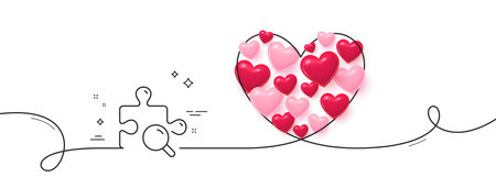 Search puzzle line icon. Continuous line big heart. Jigsaw piece sign. Find solution symbol. 3d hearts in heart shaped loop. Search puzzle single line ribbon. Loop curve pattern. Vectorのイラスト素材