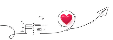 Credit card or cash line icon. Continuous line with share plane. Payment methods sign. 3d heart in speech bubble. Payment methods single line ribbon. Loop curve pattern. Vectorのイラスト素材