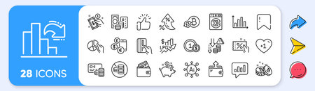 Saving money, Bitcoin and Wallet line icons. Interest rate, AI generate, Inflation icons. Pack of Discount coupon, Credit card, Pie chart icon. Vectorのイラスト素材