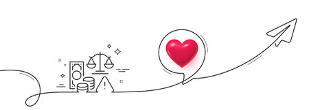 Fraud line icon. Continuous line with share plane. Money or financial crime sign. Tax offense symbol. 3d heart in speech bubble. Fraud single line ribbon. Loop curve pattern. Vectorのイラスト素材