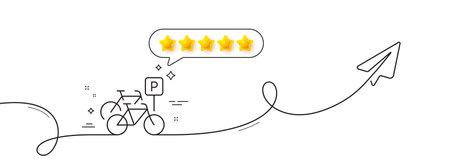 Bicycle parking line icon. Continuous line with share plane. City bike transport sign. Outdoor transportation symbol. Five star rate review in speech bubble. Bicycle parking single line ribbon. Vectorのイラスト素材