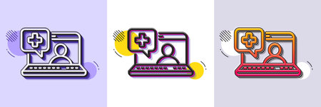 Medicine laptop line icon. Halftone dotted pattern. Gradient icon with grain shadow. Online medical help sign. Line medical help icon. Various designs. Vectorのイラスト素材