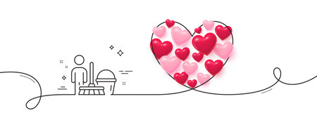 Cleaning line icon. Continuous line big heart. Household service sign. Professional cleaner symbol. 3d hearts in heart shaped loop. Cleaning single line ribbon. Loop curve pattern. Vectorのイラスト素材