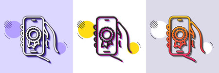 Award app line icon. Halftone dotted pattern. Gradient icon with grain shadow. Hand hold phone sign....