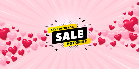 Sale 50 percent love banner with 3d hearts. Sunburst flare background. Sale 50 percent off banner. Discount sticker shape. Coupon tag icon. Valentines day greeting card. Vectorのイラスト素材