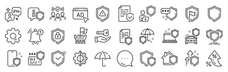Defense line icons. Settings gear, Message, Inflation icons. Car insurance, Secure shield and Safe umbrella. Safety risk, Computer security and Defense privacy icons. Vectorのイラスト素材