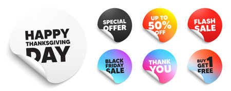 Happy thanksgiving sticker tag. Special offer paper price tags. Happy thanksgiving tag. Happy family holiday message. Autumn thank you day. Discount, black friday sticker. Promo banner. Vectorのイラスト素材